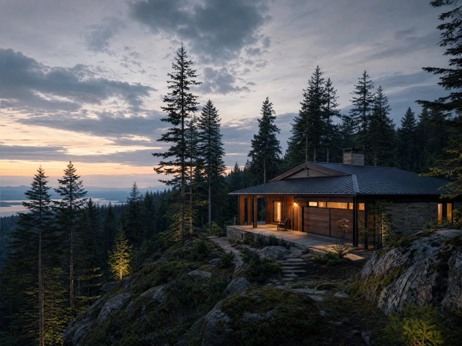 Illustrative Northwest forest ridge and distant homes
